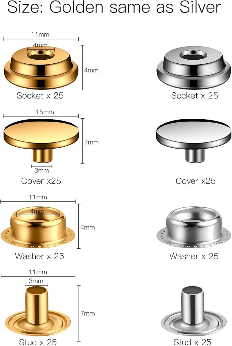 Moocci 200 Pcs (50 Sets) 5/8 inch (15mm) Leather Snap Fastener Kit Tool Snaps for Leather Stainless Snap Buttons for Bag, Jeans, Clothes, Fabric (Gold+Silver) - Image 2